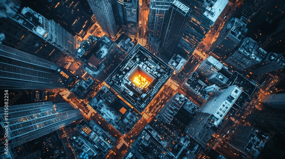Aereal view of a dominant building google company in the United States, glowing brightly in the center, with smaller companies surrounding it, no glowing Aereal view of a dominant building google company in the United States, glowing brightly in the center, with smaller companies surrounding it, no glowing