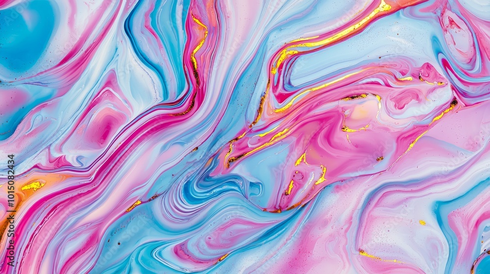 Obraz premium Vibrant abstract acrylic painting with swirling patterns in pink, blue, and gold tones, creating a mesmerizing effect.