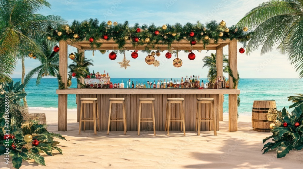 Fototapeta premium Beach bar on a tropical beach decorated for Christmas. Outdoor restaurant at the beach