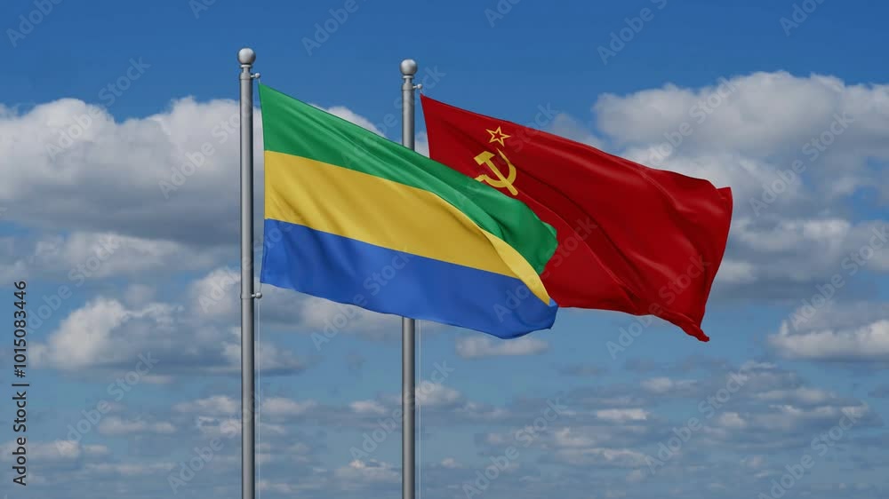 Soviet Union or USSR and Gabon flags flying together, video concept of the relationship, two country cooperation concept Soviet Union or USSR and Gabon flags flying together, video concept of the relationship, two country cooperation concept