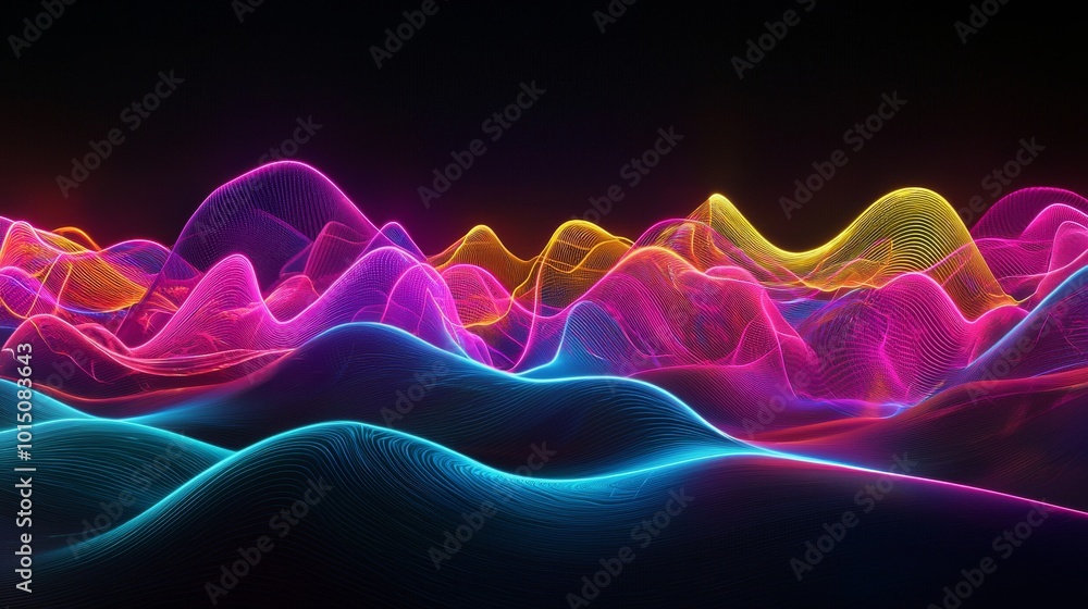 Fototapeta premium A vibrant abstract wave pattern in blue, pink, and yellow against a dark background, creating a futuristic atmosphere.