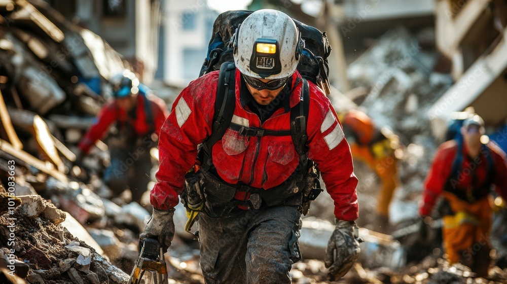 Rescue workers using advanced tools to clear debris and reach trapped victims in the aftermath of a major earthquake Rescue workers using advanced tools to clear debris and reach trapped victims in the aftermath of a major earthquake