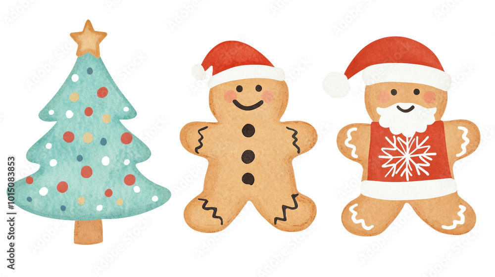 Festive Gingerbread Cookies Shaped Like Christmas Tree and Cheerful Gingerbread Men