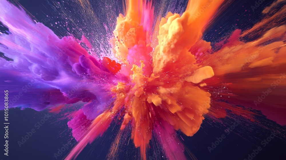 Obraz premium An explosive burst of vibrant colors in shades of purple, pink, and orange, creating a dynamic visual impact.