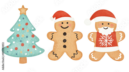 Festive Gingerbread Cookies Shaped Like Christmas Tree and Cheerful Gingerbread Men