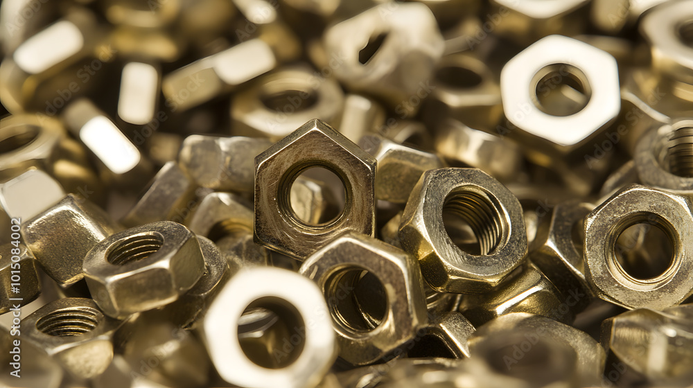 Brass Hex Nut on a Complicated Background | Industrial Fastener Design for Hardware and Engineering Brass Hex Nut on a Complicated Background | Industrial Fastener Design for Hardware and Engineering
