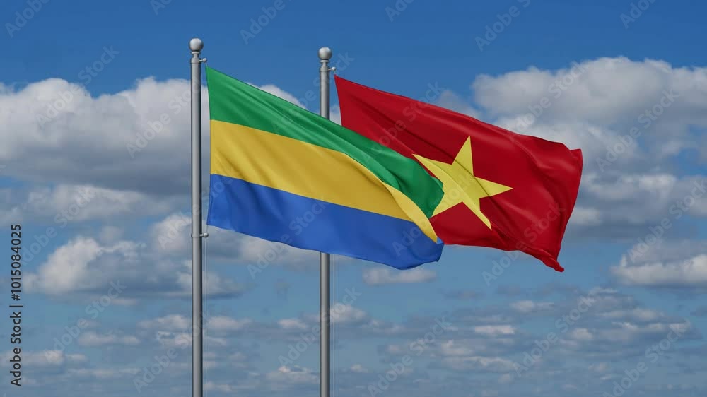 Vietnam and Gabon flags flying together, video concept of the relationship Vietnam and Gabon flags flying together, video concept of the relationship