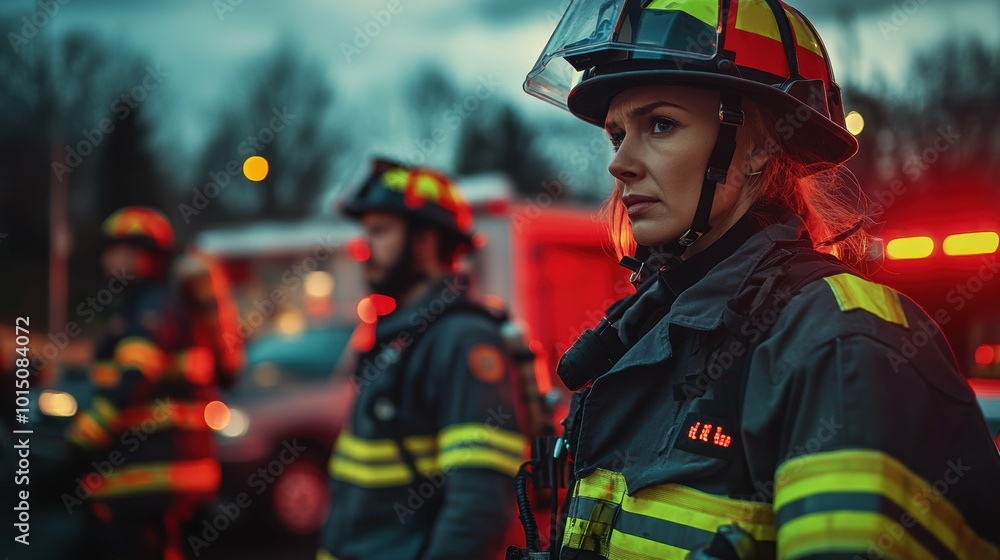 Firefighters and paramedics working side by side at the scene of a serious accident, with a focus on their collaborative efforts and professional attire Firefighters and paramedics working side by side at the scene of a serious accident, with a focus on their collaborative efforts and professional attire