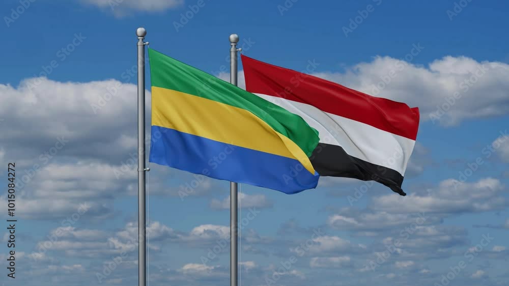 Yemen and Gabon flags flying together, video concept of the relationship, two country cooperation concept Yemen and Gabon flags flying together, video concept of the relationship, two country cooperation concept