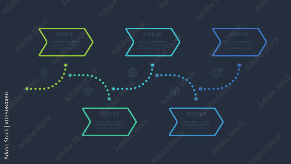 Line concept for infographic with 5 steps, options, parts or processes. Template for web on a black background. Line concept for infographic with 5 steps, options, parts or processes. Template for web on a black background.