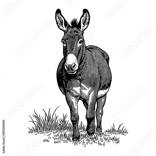 Detailed Black and White Donkey Illustration in Retro Woodcut Style Engraving Art Design