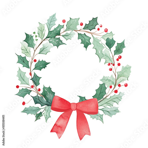 Beautiful Watercolor Christmas Wreath with Holly Berries and Pinecones for Festive Decor