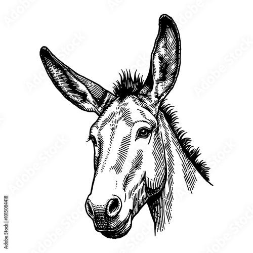 Detailed Vintage Illustration of Donkey Head in Black and White Engraving Style Art