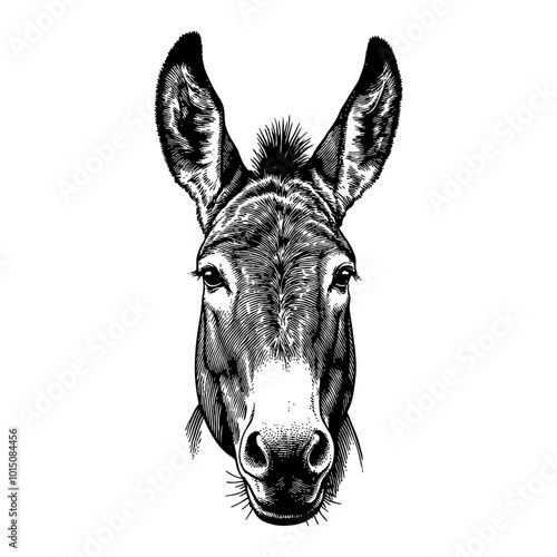 Detailed Vintage Donkey Head Illustration in Black and White Retro Engraving Art Style