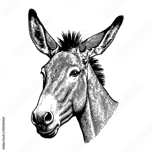Detailed Black and White Retro Illustration of a Donkey Head in Engraved Style Art Design