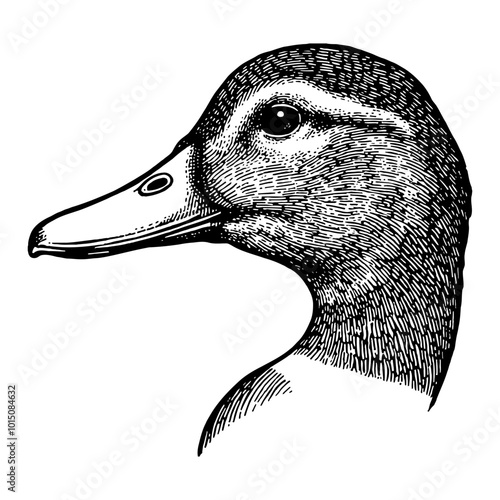 Detailed Retro Woodcut Illustration of a Duck Head in Black and White Engraving Style