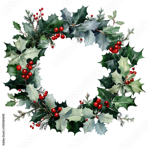 Beautiful Watercolor Christmas Wreath with Holly Berries and Pinecones for Festive Decor