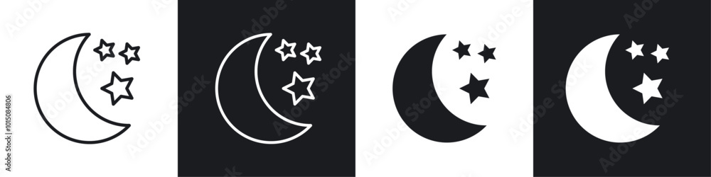 Moon stars icon vector icon set black filled and outlined style. Moon stars icon vector icon set black filled and outlined style.