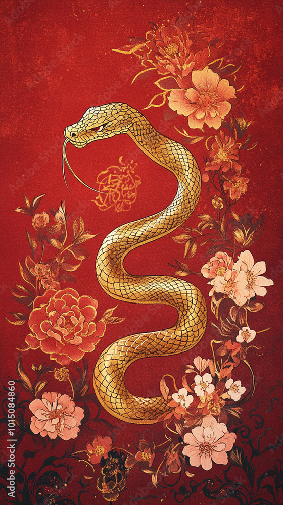 Fototapeta premium Golden Snake with Floral Design on Red Background