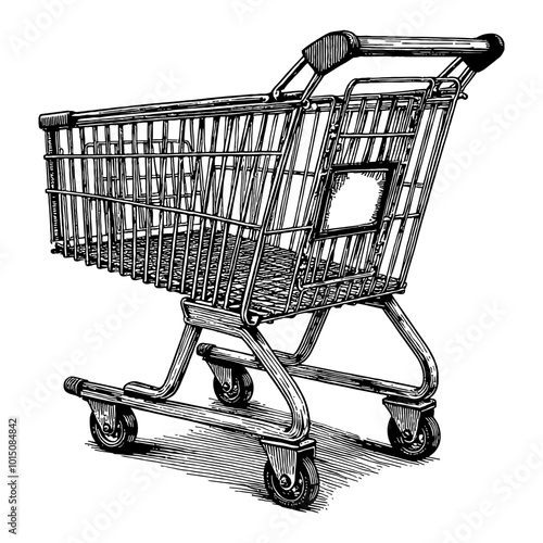 Detailed Vintage Illustration of an Empty Shopping Cart in Black and White Engraved Art Style