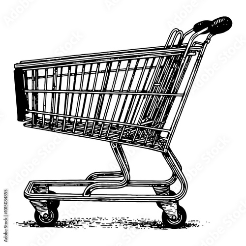 Detailed Black and White Illustration of an Empty Shopping Cart Side View Vintage Design Art