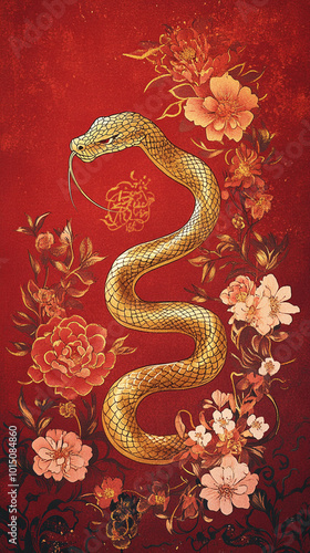 Golden Snake with Floral Design on Red Background