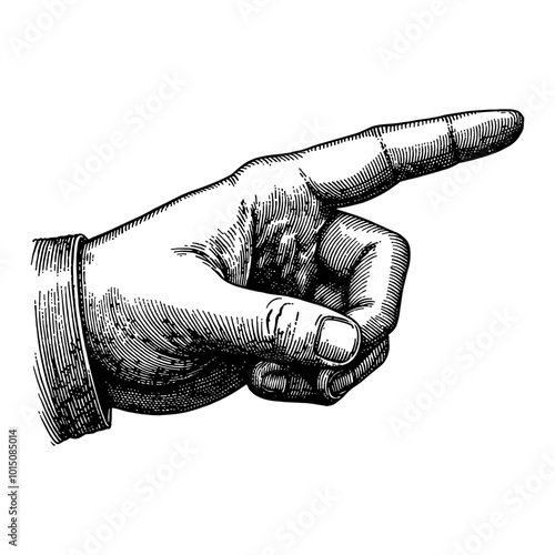 Detailed Vintage Engraving of a Hand Pointing Upward in Black and White Retro Illustration