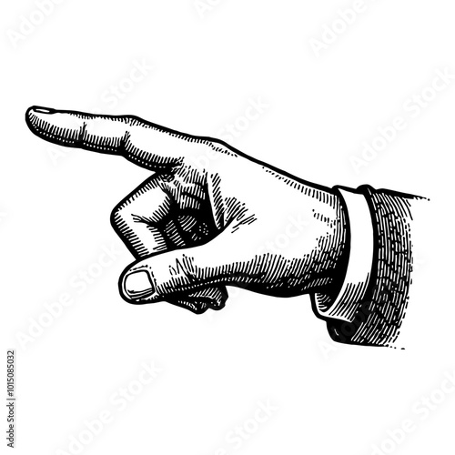 Detailed Vintage Hand Pointing Gesture in Black and White Engraving Signature Illustration