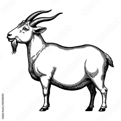 Detailed Vintage Goat Side View in Black and White Retro Illustration with Intricate Lines