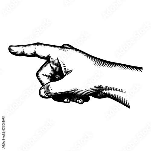 Detailed Vintage Hand Pointing Side View in Black and White Engraved Art Illustration