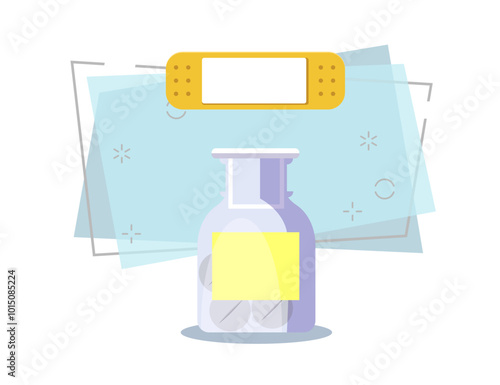 Adhesive bandage and medical bottle. Plaster, patch, flask. Medical aid concept. Vector illustration can be used for topics like wound, bleeding, emergency
