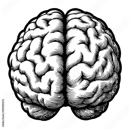 Detailed Hand Drawn Black and White Vintage Engraving of Human Brain Front View Illustration