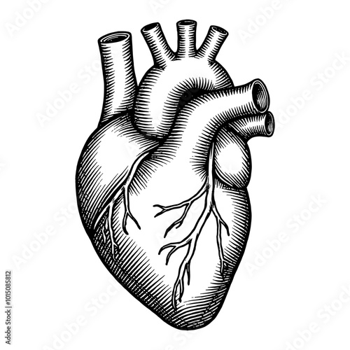 Detailed Antique Woodcut Illustration of a Human Heart in Black and White Engraving Style