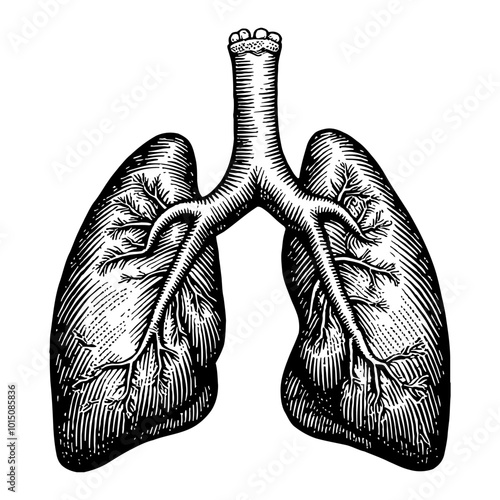 Detailed Vintage Black and White Engraving of Human Lung Illustration in Retro Style