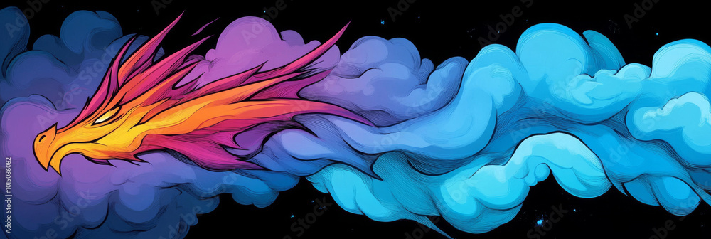 Fototapeta premium A vibrant dragon head bursts through a cloud of colorful smoke against a black background.