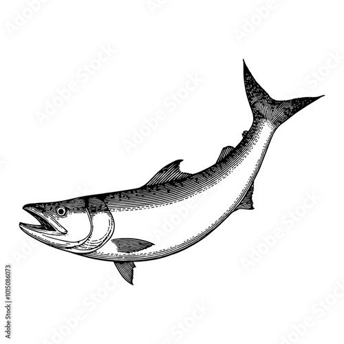 Detailed Side View Illustration of a Mackerel Fish in Black and White Engraving Style