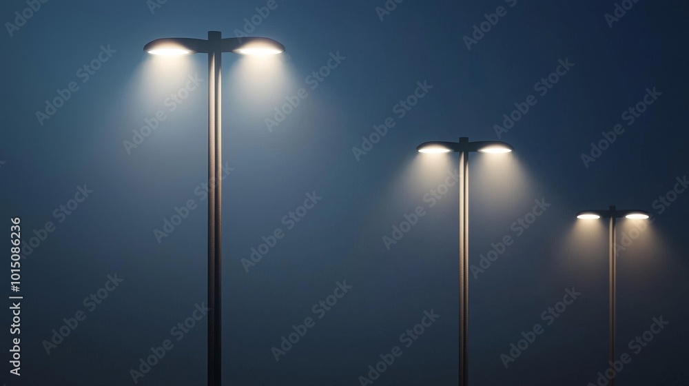 Three modern street lamps illuminated in a foggy night scene, creating a serene and atmospheric setting. Three modern street lamps illuminated in a foggy night scene, creating a serene and atmospheric setting.