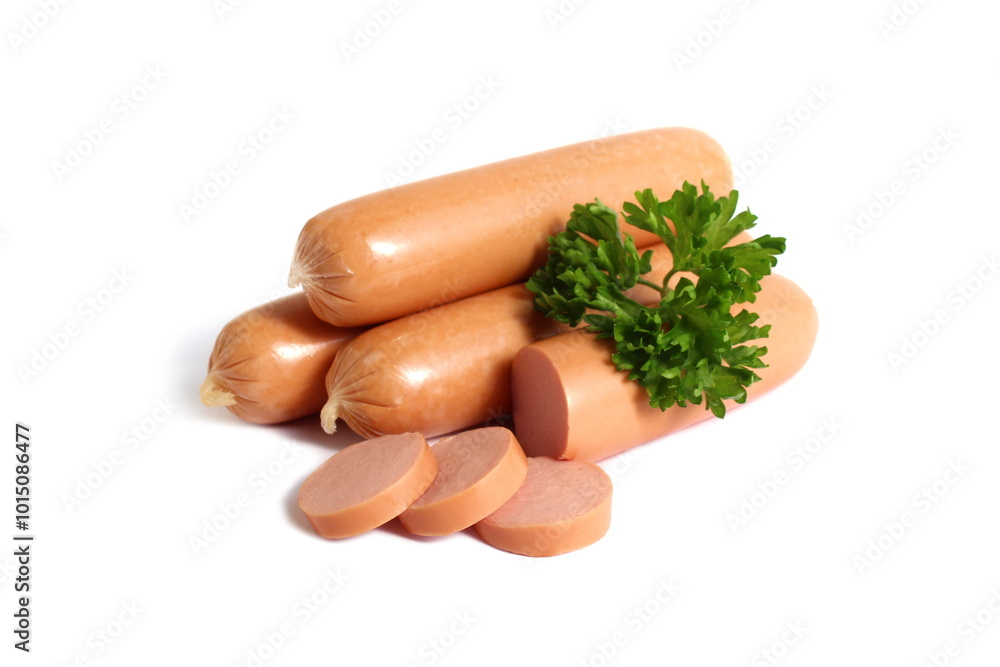 Sausages in casings lie on a white background. Sausages in casings lie on a white background.