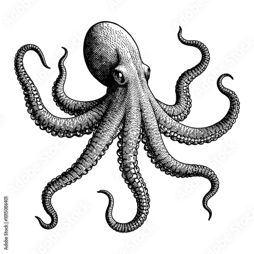 Detailed Vintage Octopus Illustration in Black and White Engraving Retro Line Art Style photo