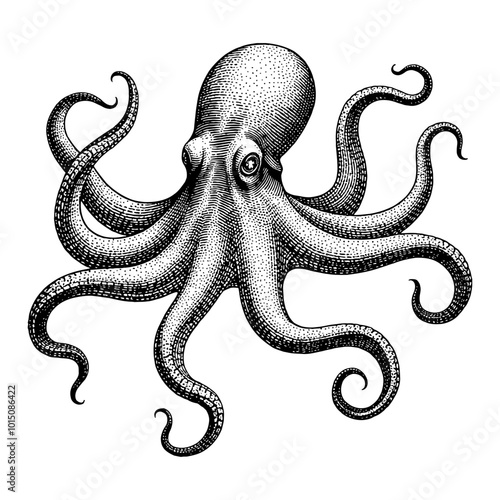 Detailed Vintage Octopus Front View Illustration in Black and White Retro Engraving Art