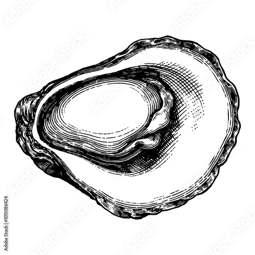 Detailed Vintage Oyster Shell Illustration in Black and White Retro Engraved Style Art