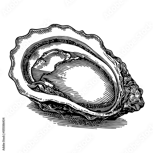 Detailed Vintage Top View Engraving of an Oyster in Black and White Hand Drawn Illustration