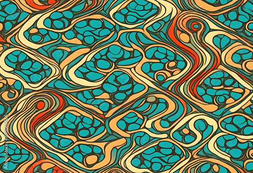 A vibrant abstract pattern featuring swirling shapes in turquoise, orange, red, and green. The design showcases a dynamic interplay of curves and lines, creating a lively and energetic visual effect.