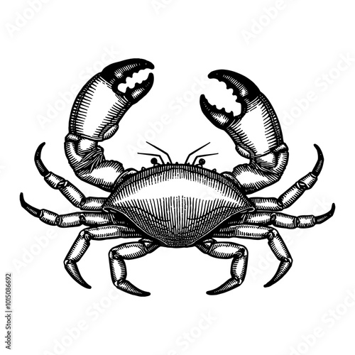 Detailed Vintage Red King Crab Top View in Black and White Hand Drawn Engraving Illustration