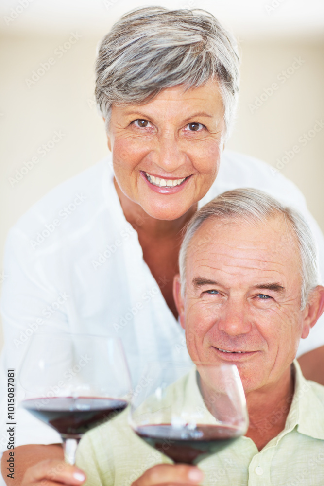 Senior couple, portrait and wine toast in home, marriage anniversary and growth in partnership. Elderly people, romance and alcohol glasses for love celebration, happy milestone and bonding on date Senior couple, portrait and wine toast in home, marriage anniversary and growth in partnership. Elderly people, romance and alcohol glasses for love celebration, happy milestone and bonding on date