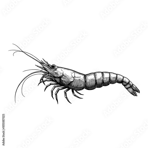 Detailed Black and White Vintage Engraving Illustration of a Shrimp or Prawn Side View