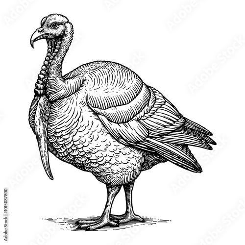 Detailed Vintage Turkey Illustration in Black and White Retro Engraving Style Art Design