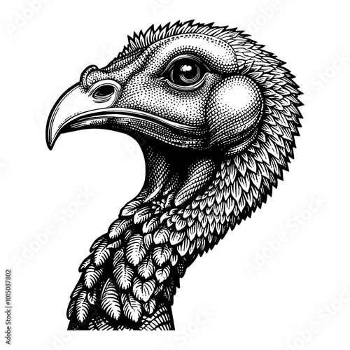 Intricately Detailed Black and White Turkey Head Illustration in Vintage Engraving Style photo