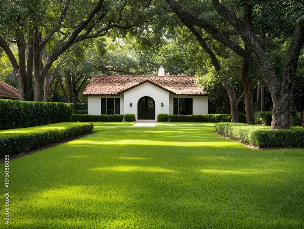 Farmhouse exterior with tall pecan trees, rustic and inviting, house exterior, big trees, pecan, farmhouse