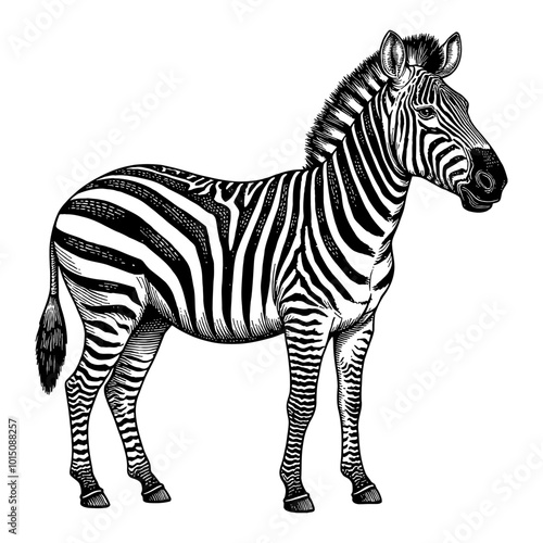 Detailed Hand Drawn Zebra Illustration in Black and White Retro Engraving Art Style